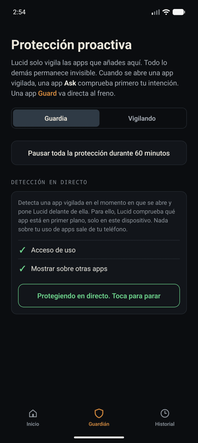 El guardián vigila solo las apps que eliges